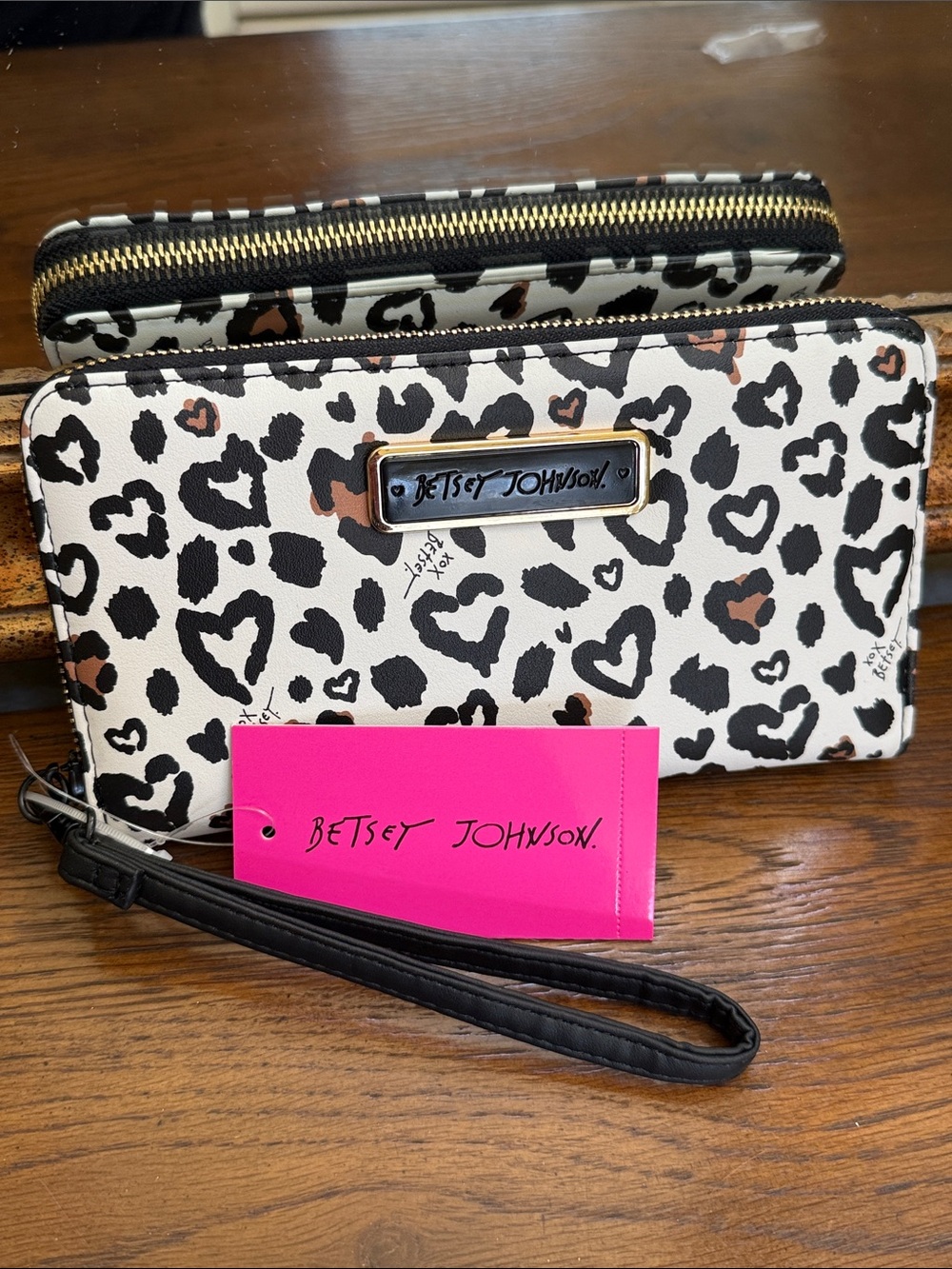 Betsey Johnson Black and White Leopard Heart Wristlet Wallet with Brown Accents